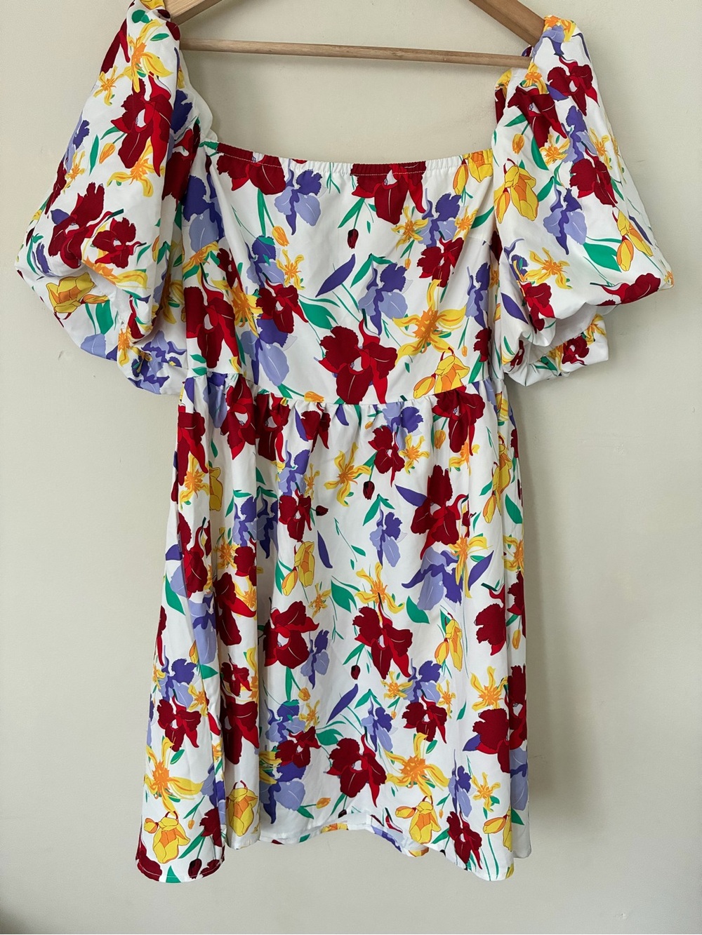 Shein Floral Puff Sleeve Mini Dress White Multi Square Neck Cottagecore XL 12